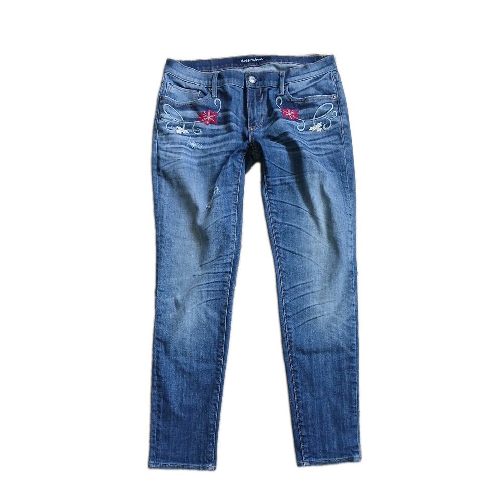 Driftwood Jeans Womens 30 Blue Jackie Embroidered Floral Roses Skinny Distressed